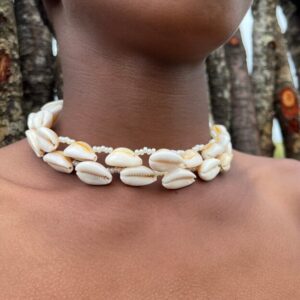 stylish rhorho cowrie shell necklace on a happy customer - made with passion by Homba Crafts